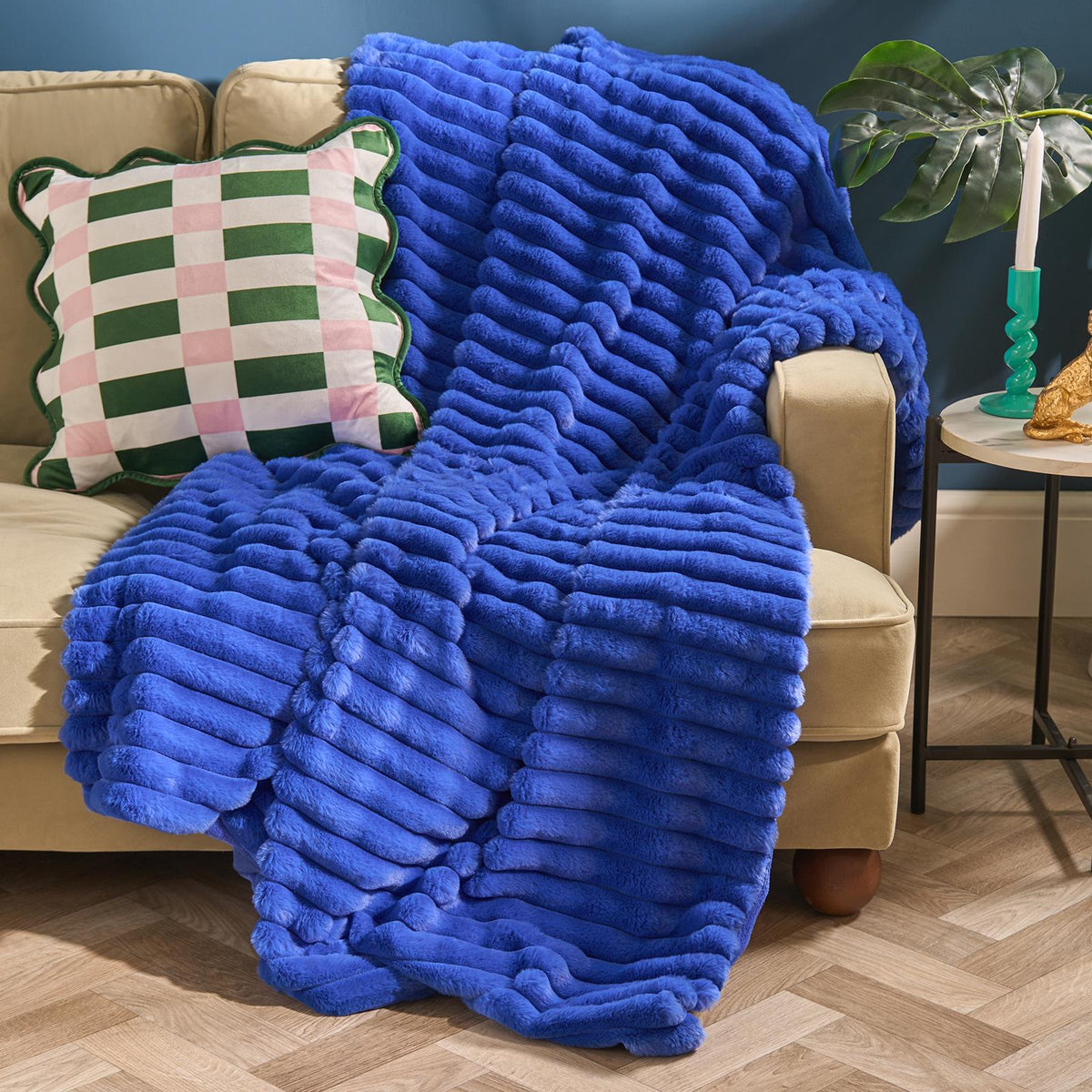 OHS Faux Fur Ribbed Fleece Throw Over Bed Blanket Warm Supersoft