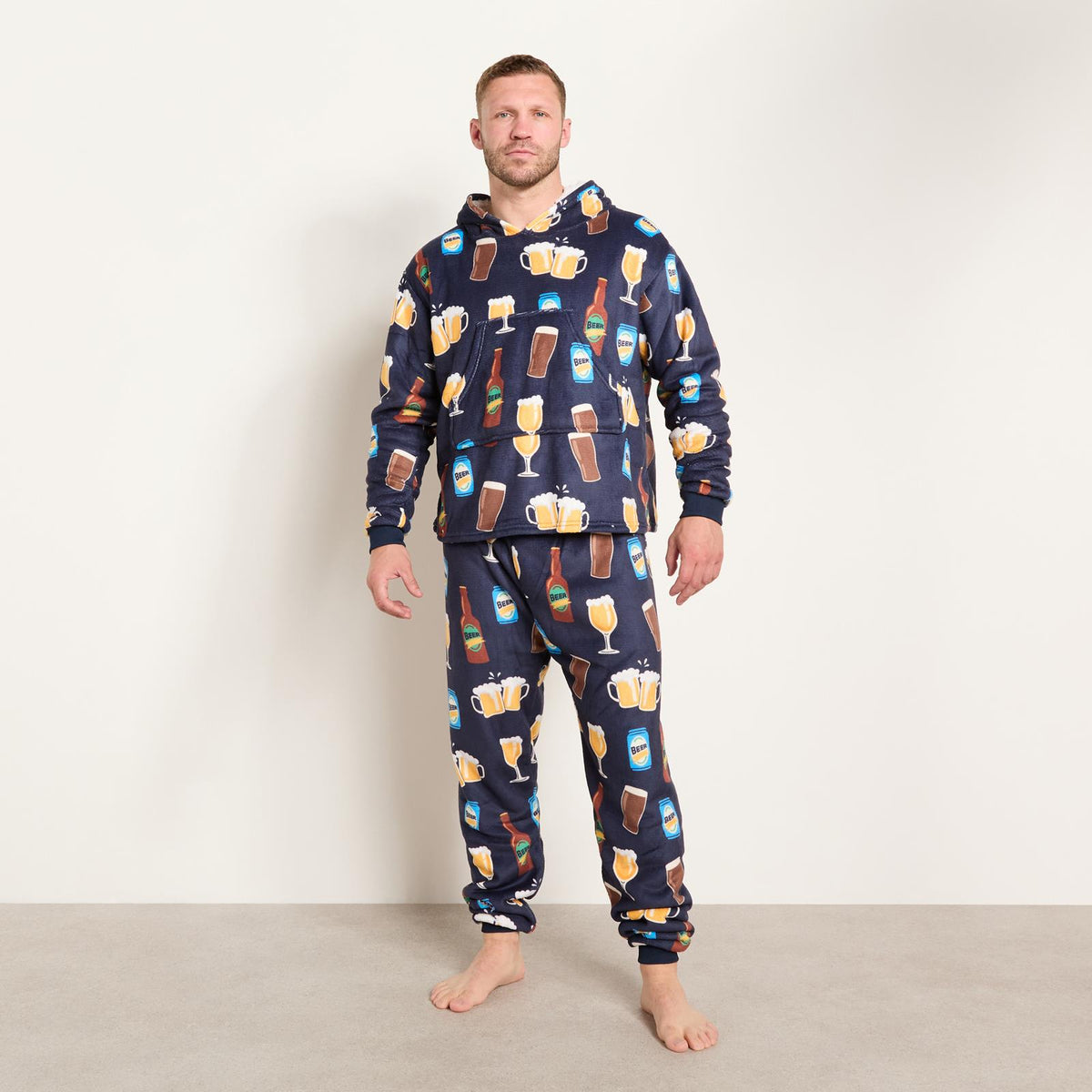 OHS Mens Printed Loungewear Set Winter Sherpa Nightwear 2-Piece Hoodie Jogger