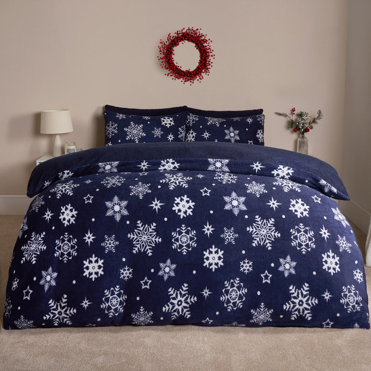 Snowflake Teddy Fleece Duvet Cover Bedding Set Winter Christmas Quilt Bed Soft