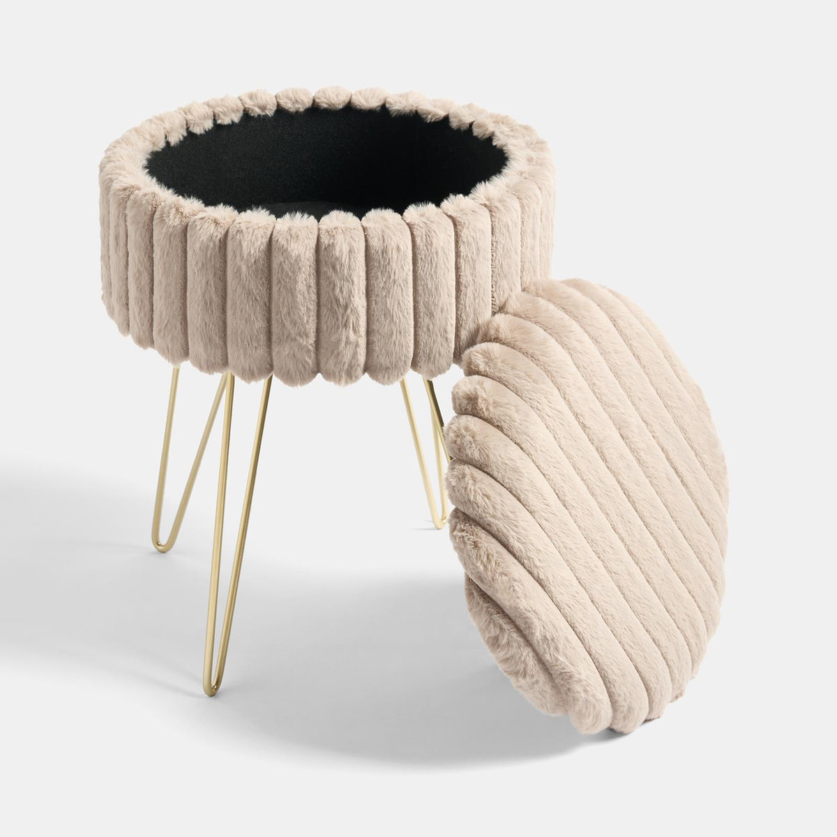 OHS Faux Fur Stool Hairpin Ribbed Fleece Round Vanity Seat Foot Rest Chair