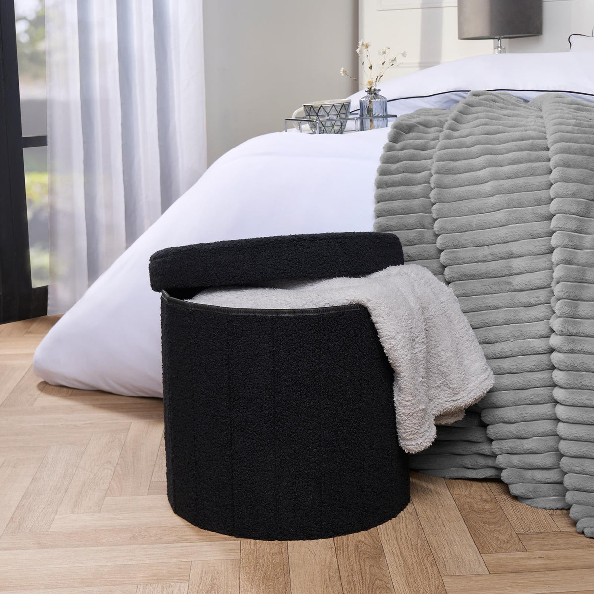 OHS Ottoman Boucle Storage Box Folding Footstool Cube Round Rectangle