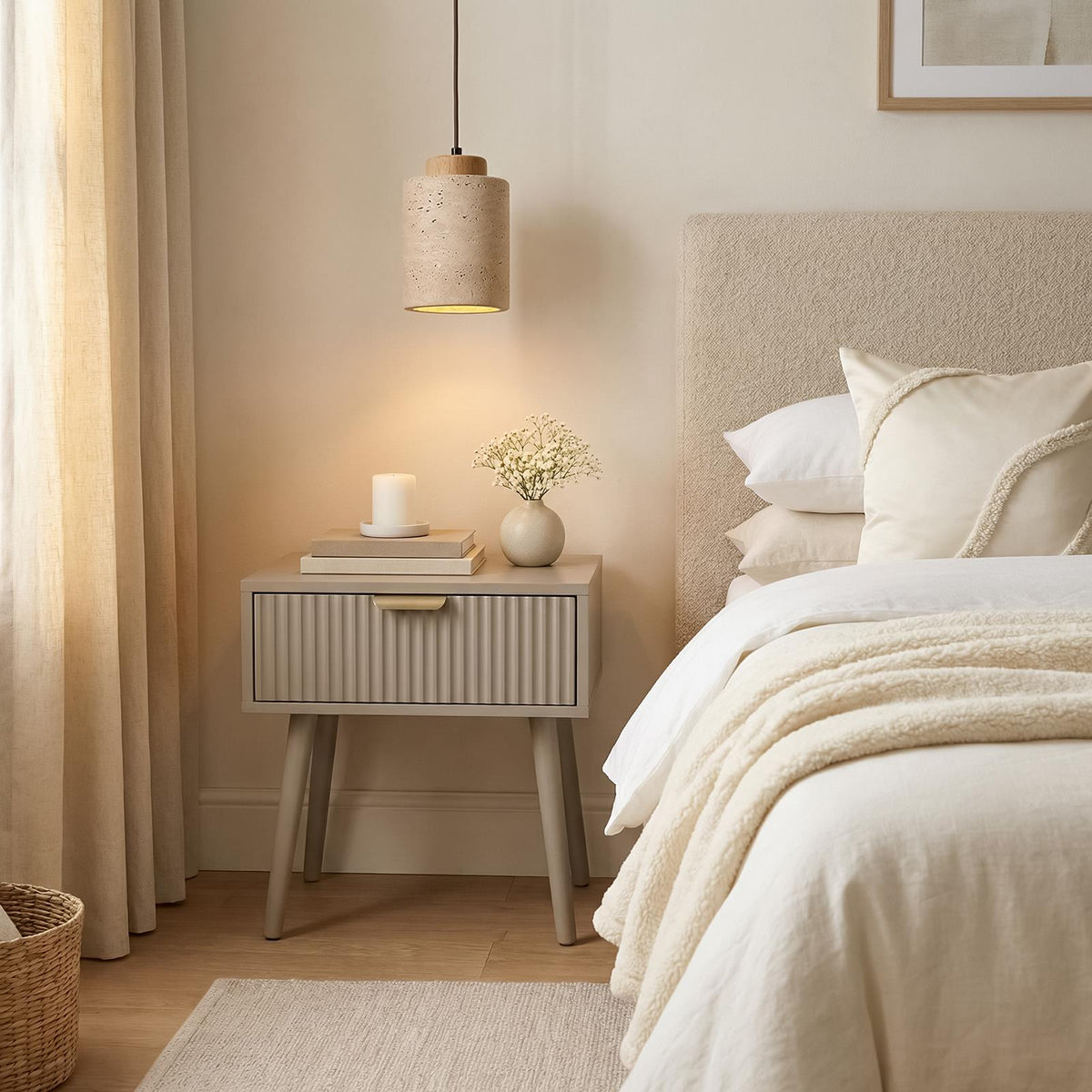 OHS Ribbed Bedside Nightstand 1 Drawer Storage Unit Wooden End Table
