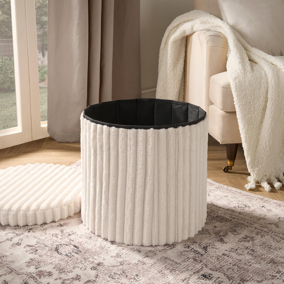 OHS Storage Box Lid Ottoman Folding Ribbed Fleece Footstool Tub Seat