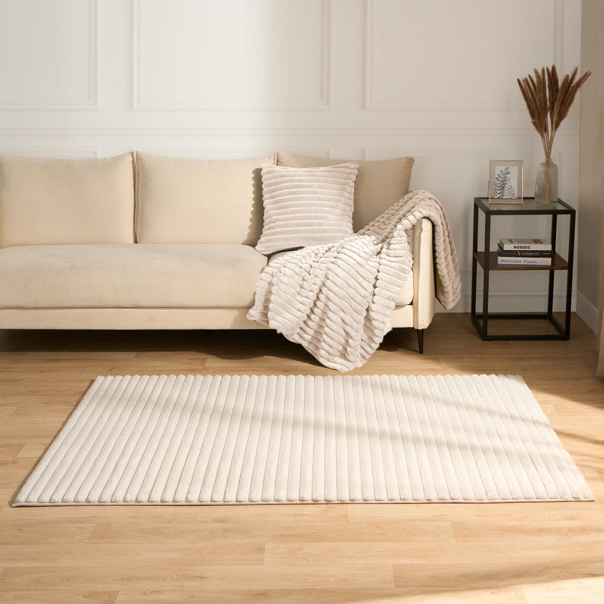 Faux Fur Rug Living Room Ribbed Large Mat Luxury Carpet Anti Slip Floor Runner