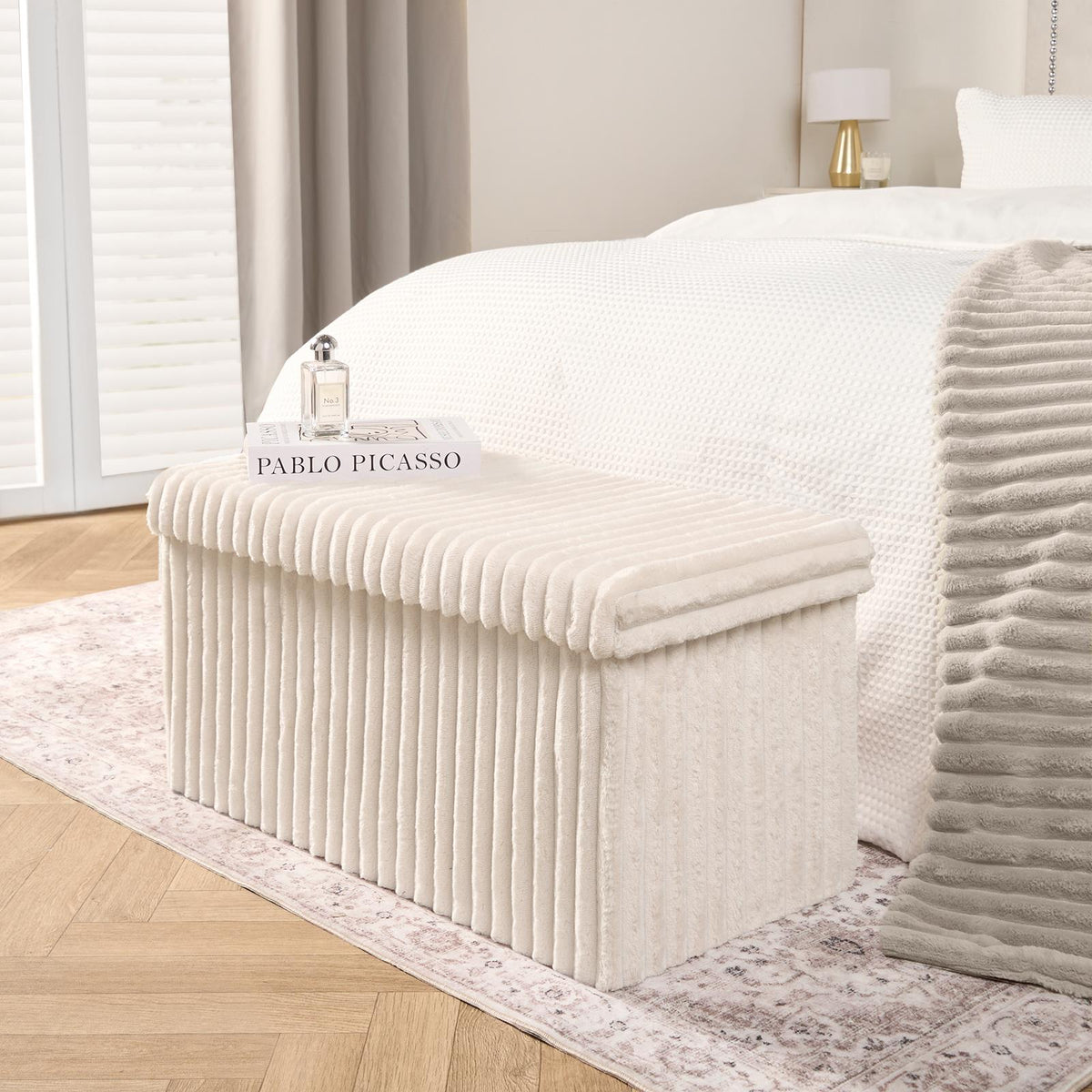 OHS Storage Box Lid Ottoman Folding Ribbed Fleece Footstool Tub Seat