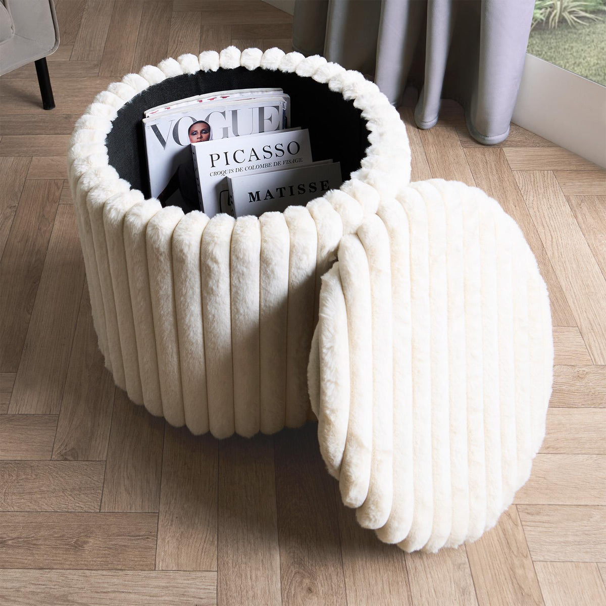 OHS Storage Box Lid Ottoman Folding Ribbed Fleece Footstool Tub Seat