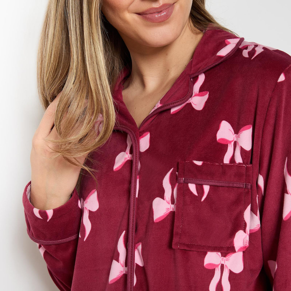 OHS Bows Pyjama Set Womens Button Through Baby Fleece Loungewear Nightwear