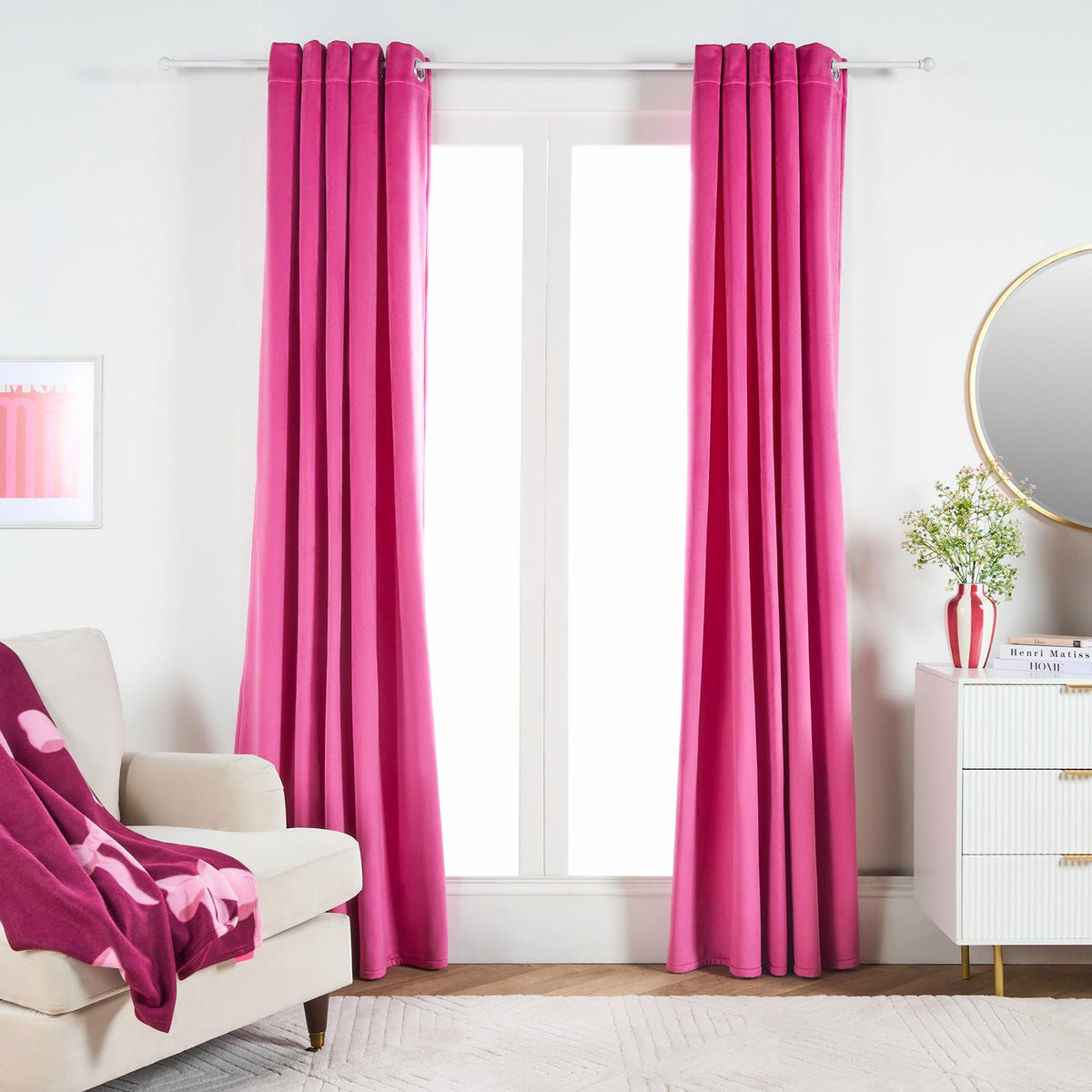 Thermal Matte Velvet Eyelet Curtains 2 Pair Of Ready Made Thick Fabric Ring Top