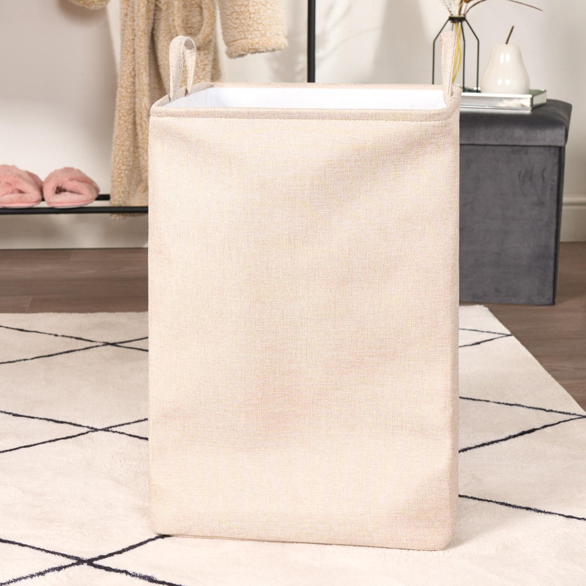 Laundry Basket Bag Foldable Drawstring Clothes Bin Organiser Faux Linen Handles