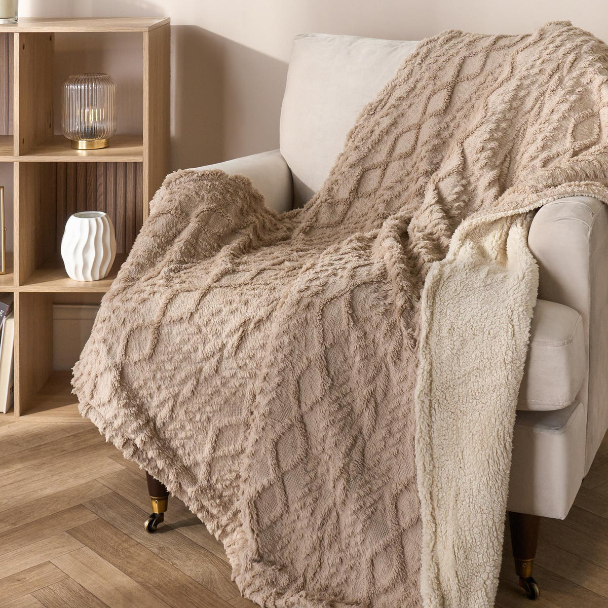OHS Cable Knit Blanket Sherpa Fleece Sofa Plush Soft Warm Throw Over Bed Chair