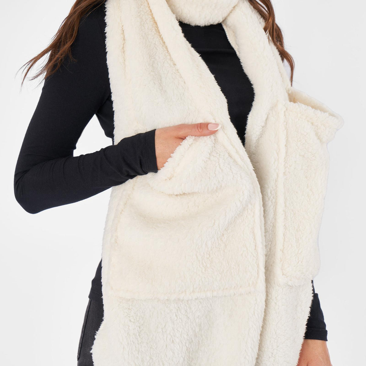 OHS Long Teddy Fleece Scarf Pocket Soft Wrap Plush Womens Shawl Neck Hand Warmer
