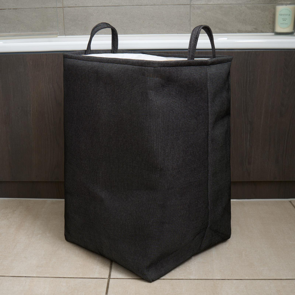 Laundry Basket Bag Foldable Drawstring Clothes Bin Organiser Faux Linen Handles