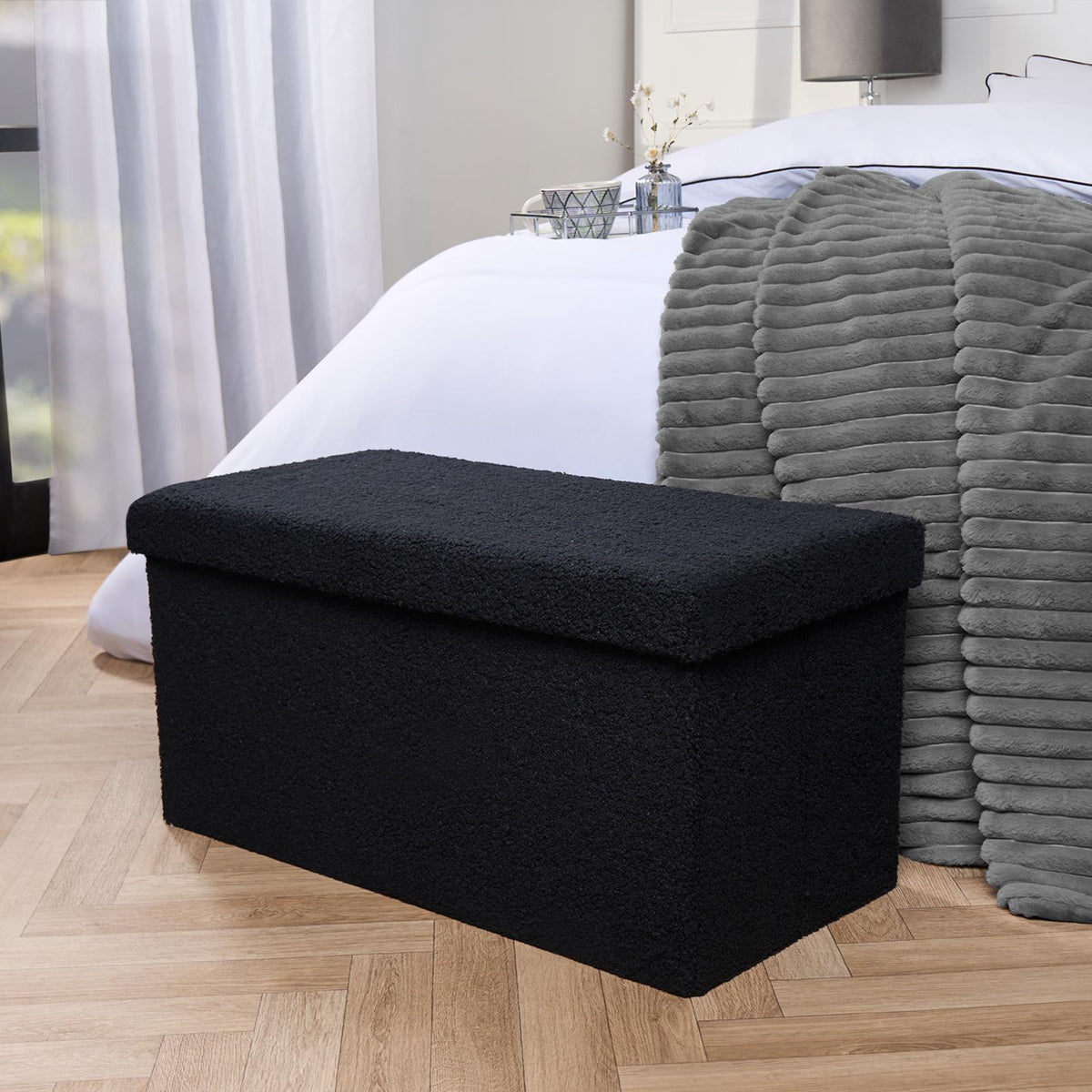 OHS Ottoman Boucle Storage Box Folding Footstool Cube Round Rectangle