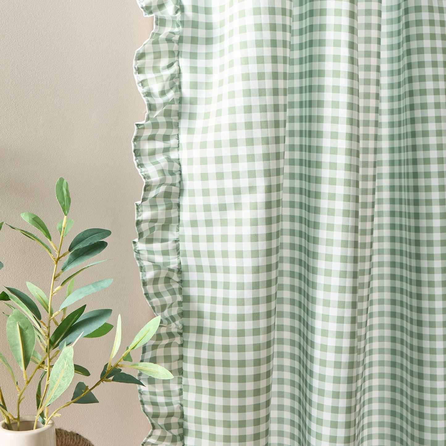 OHS Gingham Frill Voile Net Curtains 2 Window Panels Sheer Rod Slot Top Pair Set