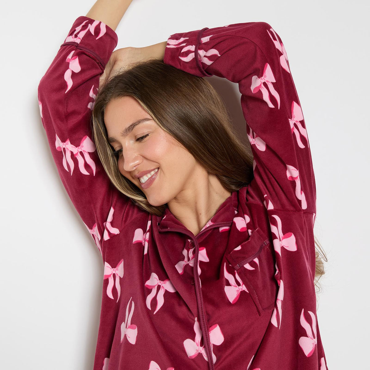 OHS Bows Pyjama Set Womens Button Through Baby Fleece Loungewear Nightwear