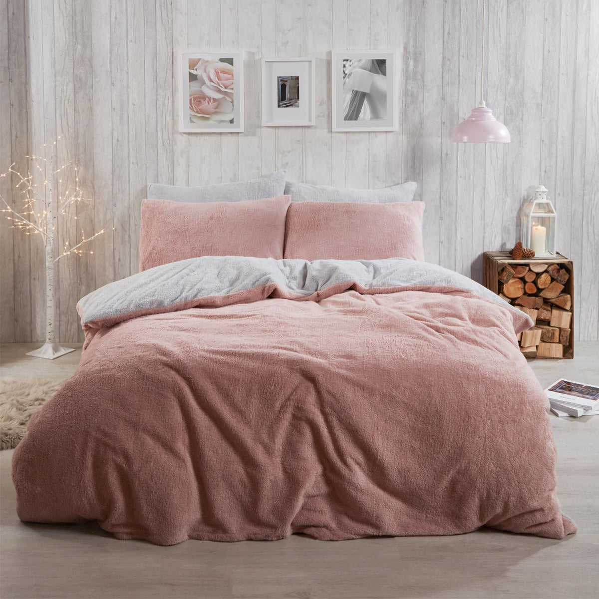 OHS Reversible Teddy Fleece Duvet Cover with Pillowcase Bedding Set Grey