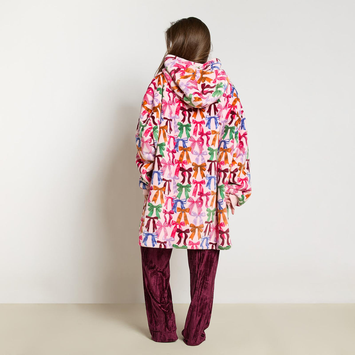 OHS Bows Print Hooded Blanket Adult Kids Sherpa Lined Winter Family Hoodie