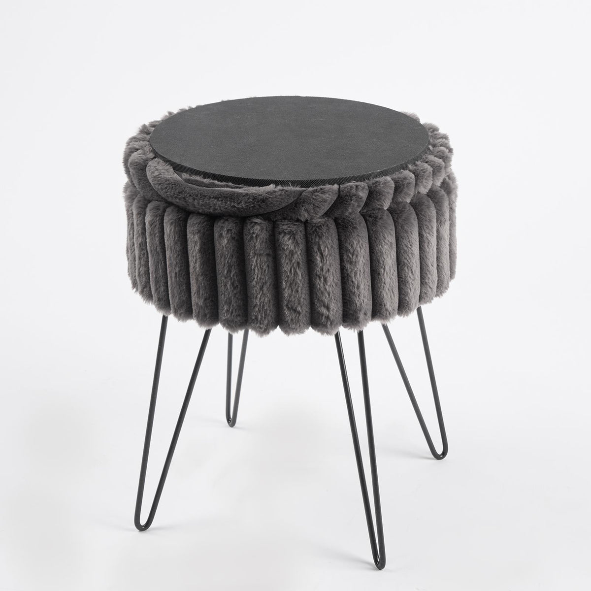 OHS Faux Fur Stool Hairpin Ribbed Fleece Round Vanity Seat Foot Rest Chair