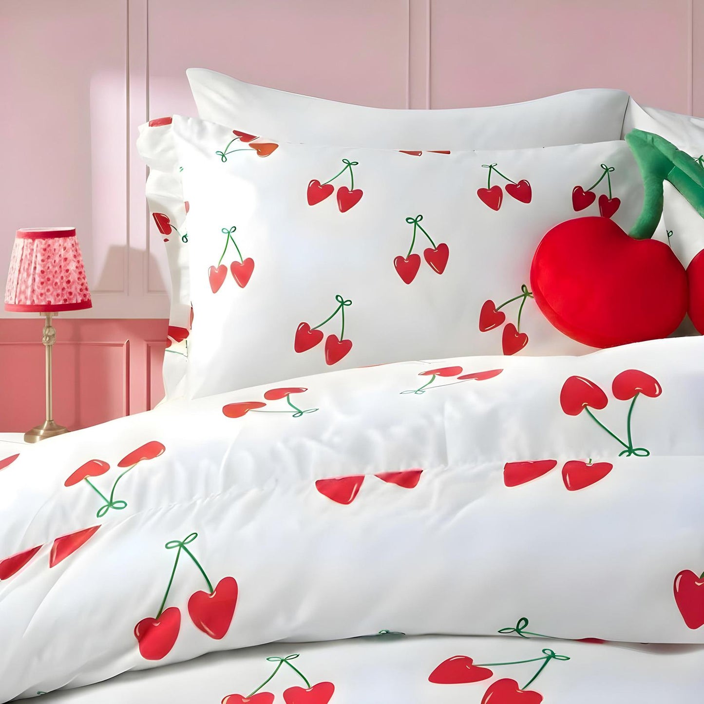 OHS Frill Edge Duvet Cover Set with Pillowcase Cherries Microfibre Bedding