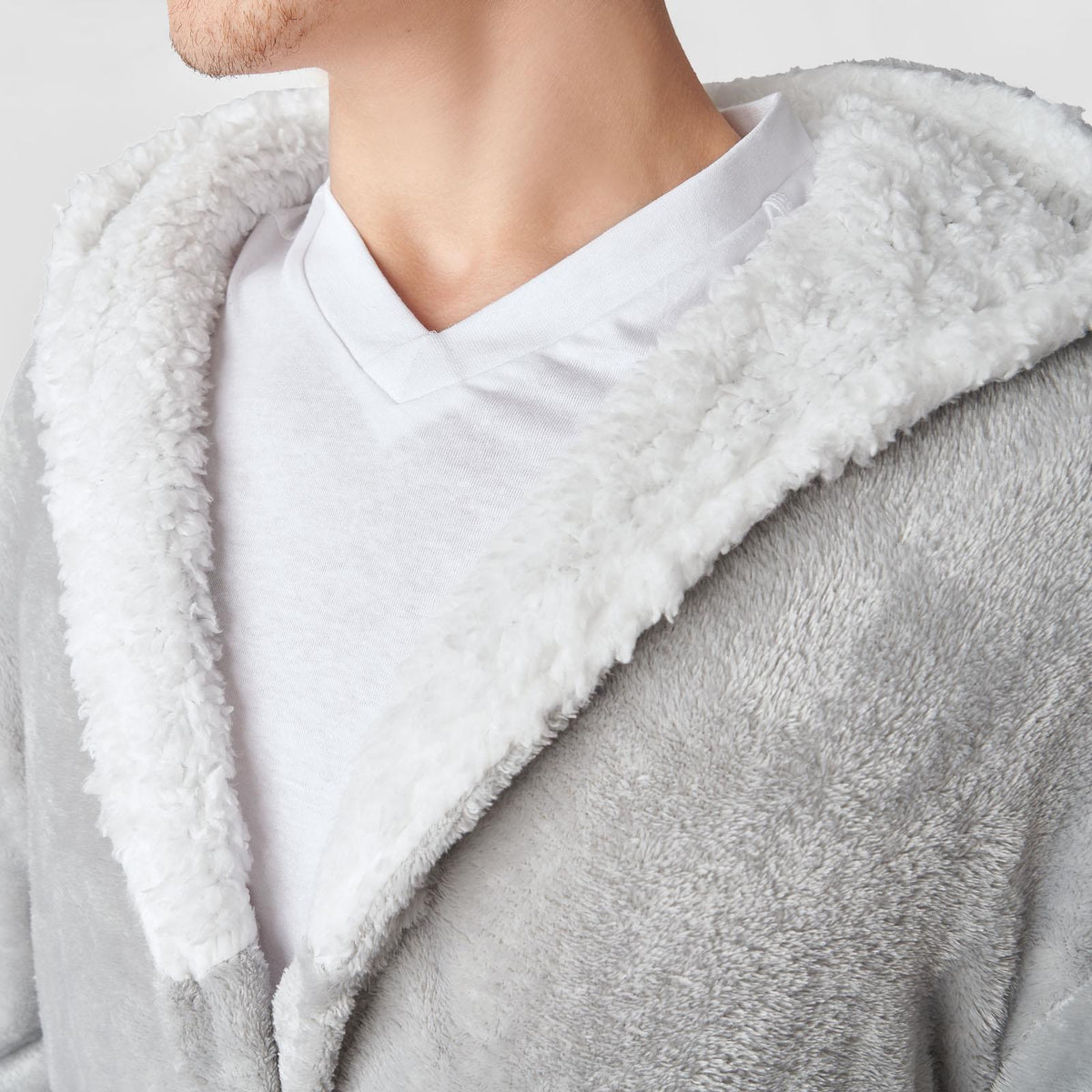 OHS Mens Dressing Gown Long Hooded Soft Flannel Fleece Sherpa Bathrobe Lounge