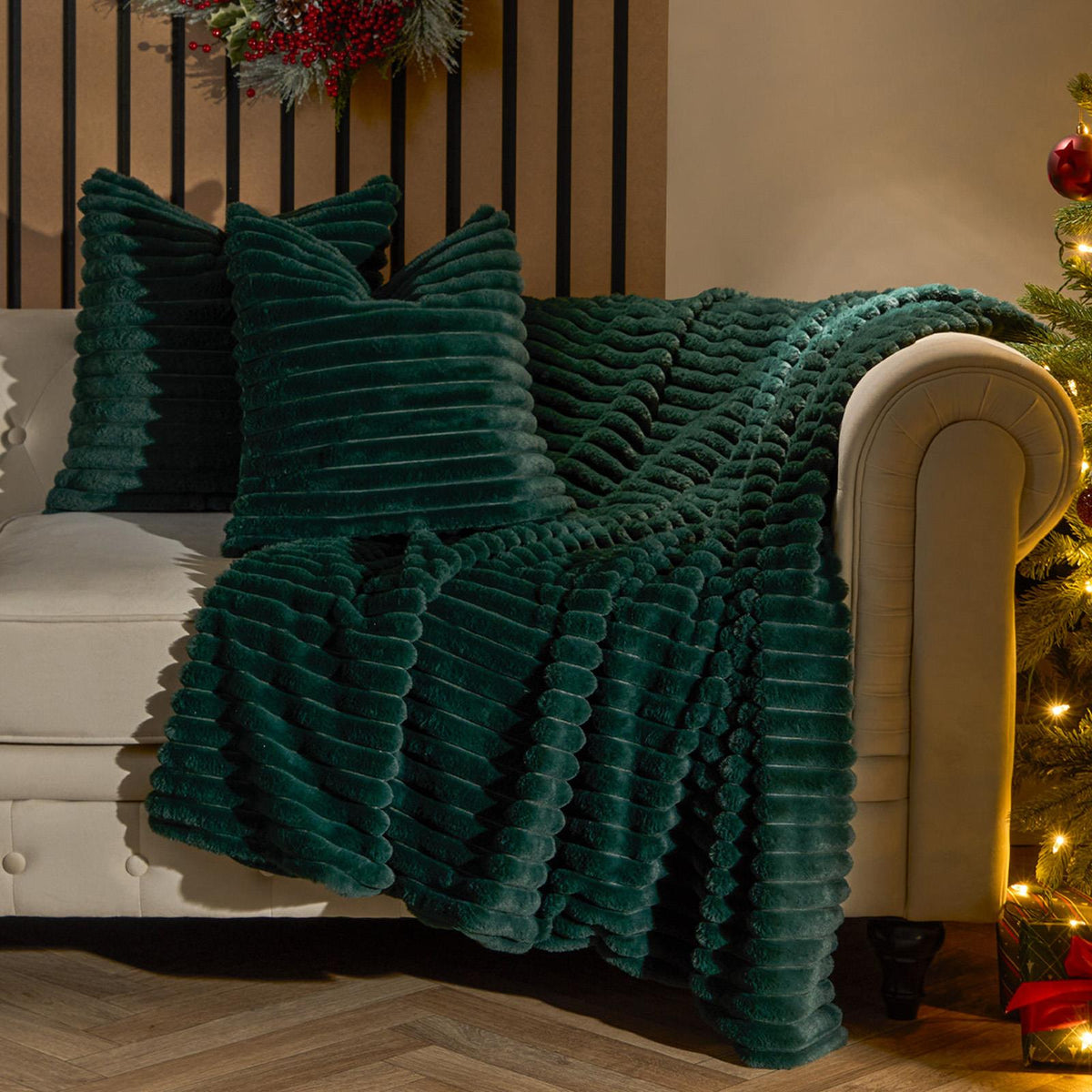 OHS Faux Fur Ribbed Fleece Throw Over Bed Blanket Warm Supersoft
