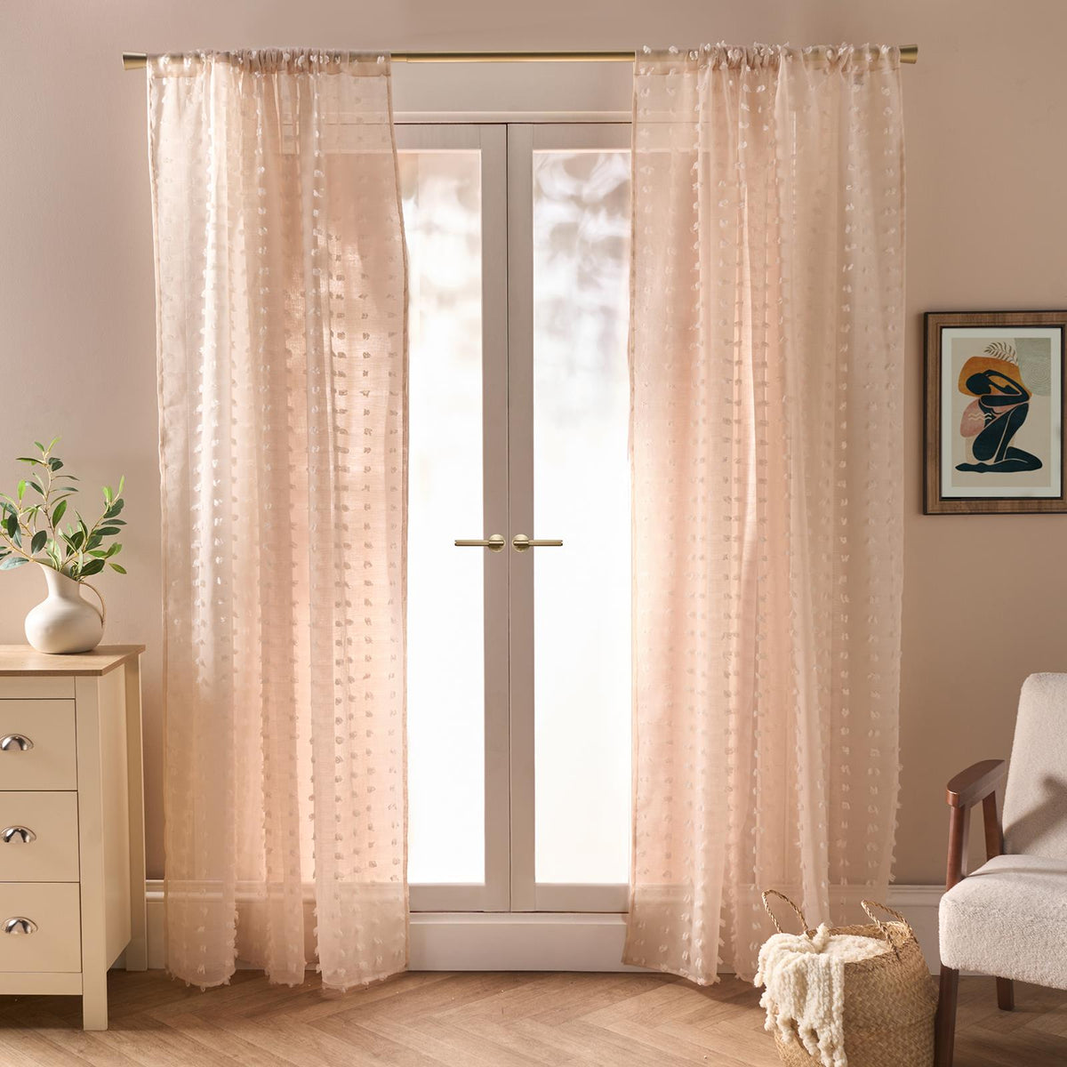 OHS Pompom Tufted Voile Net Curtains Pair 2 Window Panels Slot Top Set 55" Wide