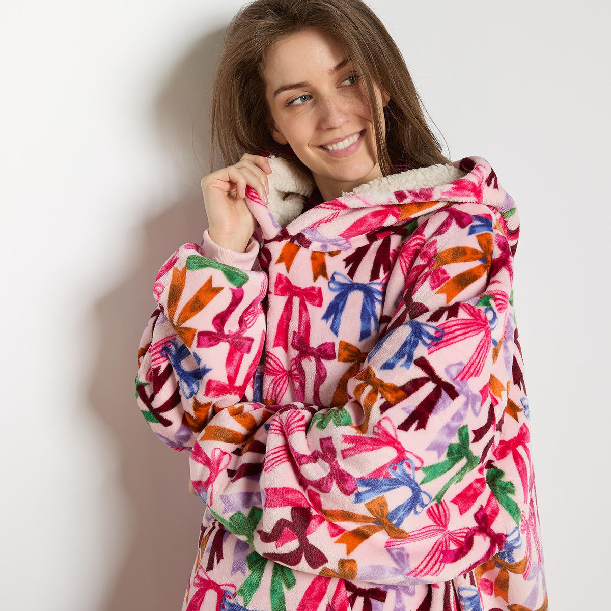 OHS Bows Print Hooded Blanket Adult Kids Sherpa Lined Winter Family Hoodie