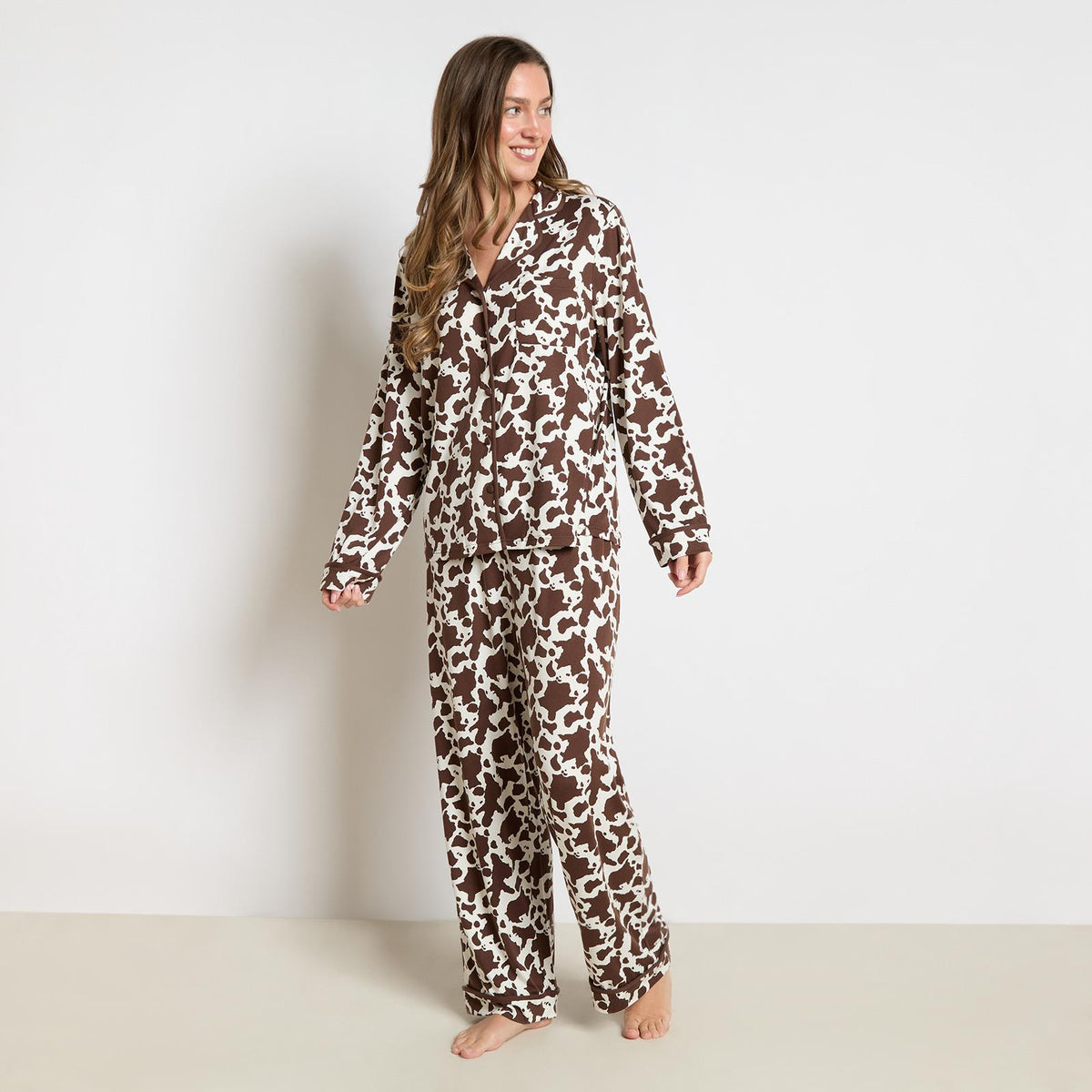 OHS Animal Print Pyjama Set Jersey Button Through Nightwear Loungewear