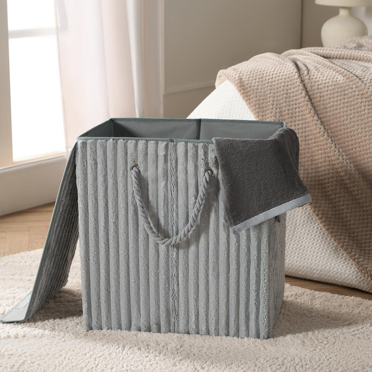 OHS Ribbed Laundry Basket with Lid Foldable Hamper Bag Washing Bin Storage