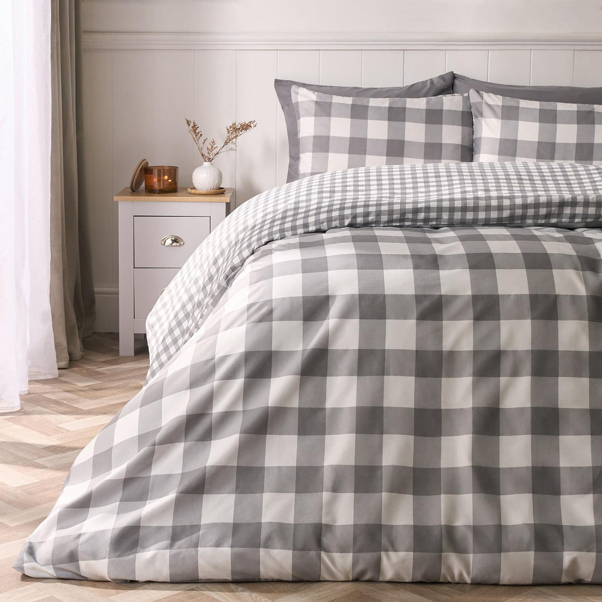 OHS Gingham Duvet Cover Bedding Set Check Quilt Pillowcase Reversible