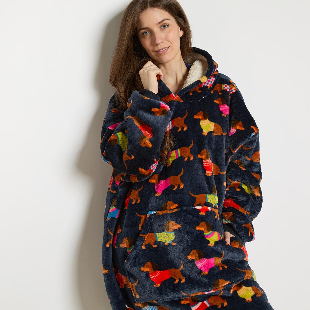 OHS Pet Print Loungewear Set Hoodie Blanket Sherpa Lined Fleece Winter Nightwear