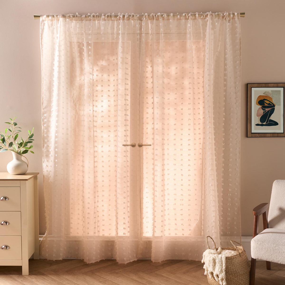 OHS Pompom Tufted Voile Net Curtains Pair 2 Window Panels Slot Top Set 55" Wide