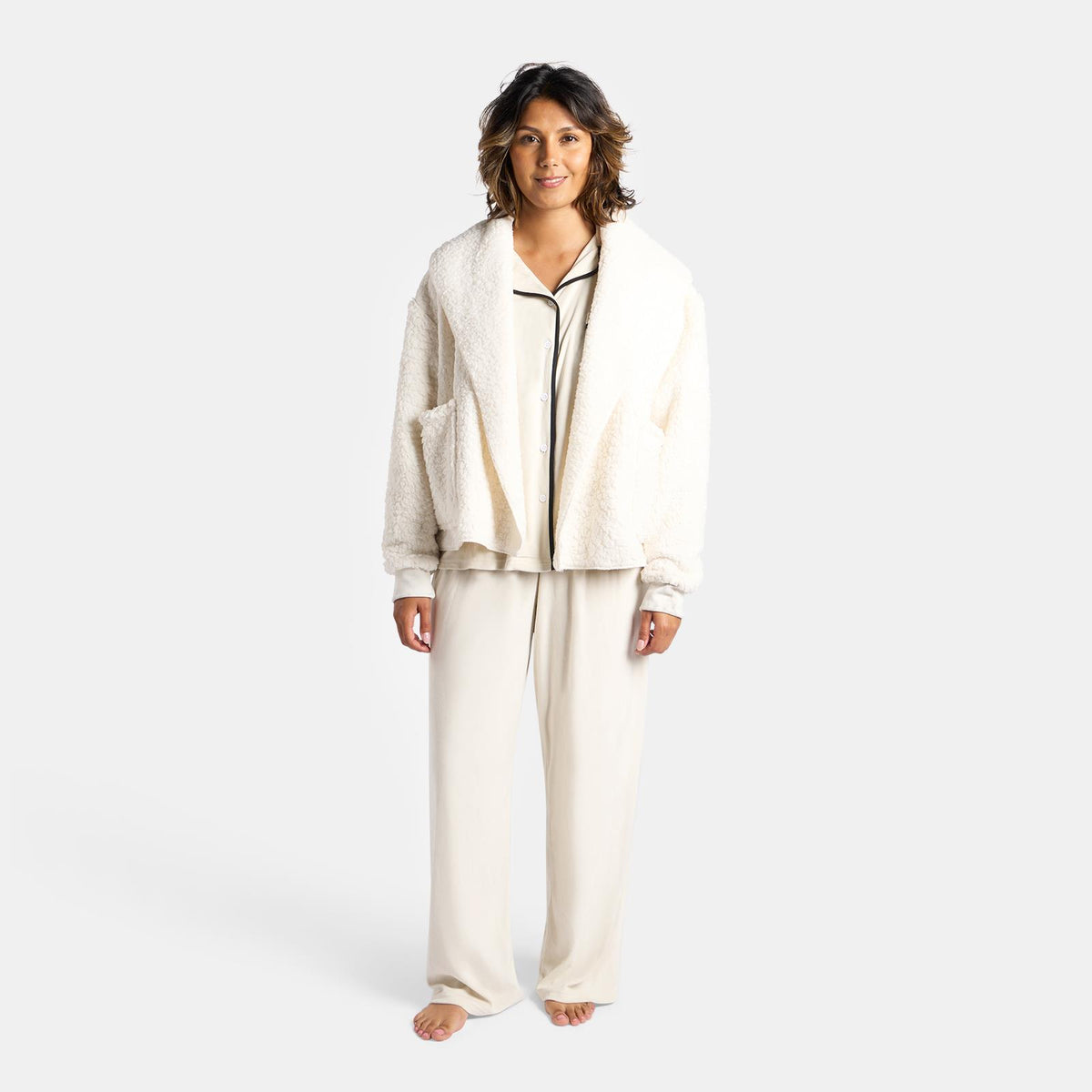 OHS Waterfall Short Cardigan Teddy Fleece Open Front Wrap Loungewear Outwear