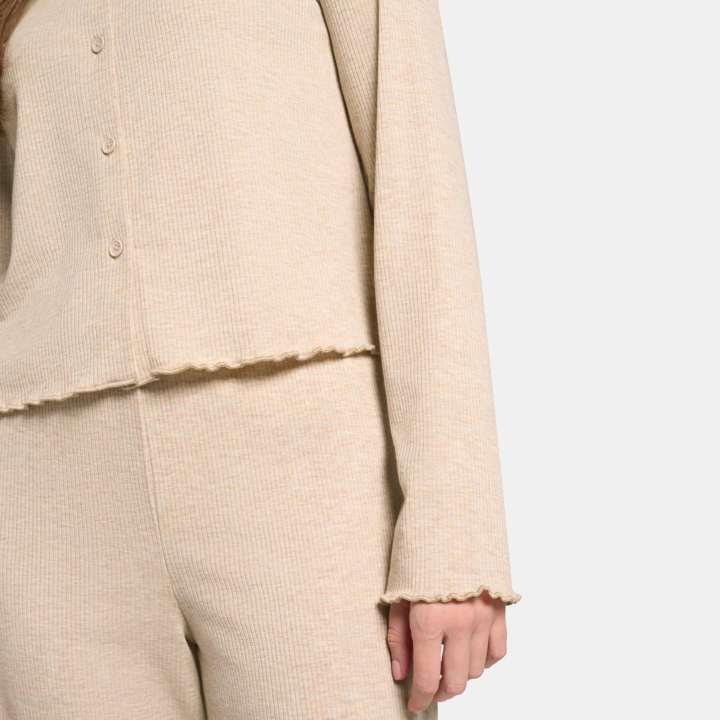 OHS Ribbed Jersey Pyjama Set Womens Lettuce Edge Sleepwear Nightwear Loungewear