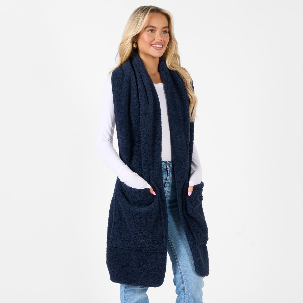 OHS Long Teddy Fleece Scarf Pocket Soft Wrap Plush Womens Shawl Neck Hand Warmer