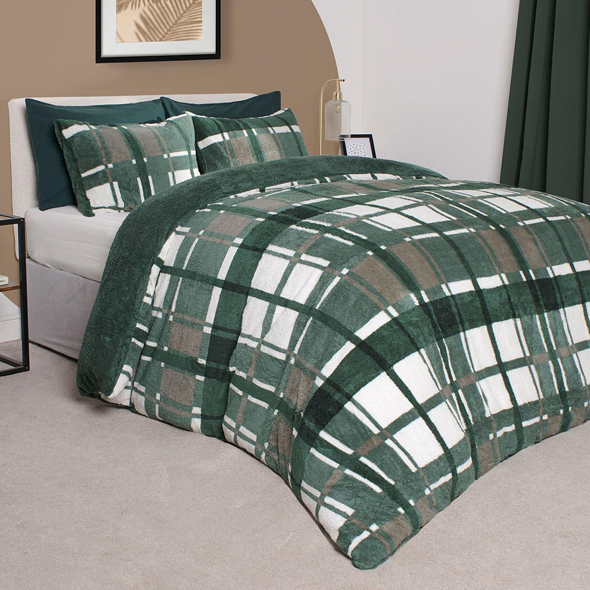 OHS Teddy Fleece Bedding Set Warm Winter Check Duvet Cover with Pillowcase