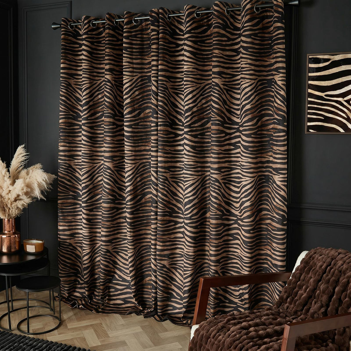 OHS Velvet Eyelet Blackout Curtains Animal Print Ready Made Ring Top