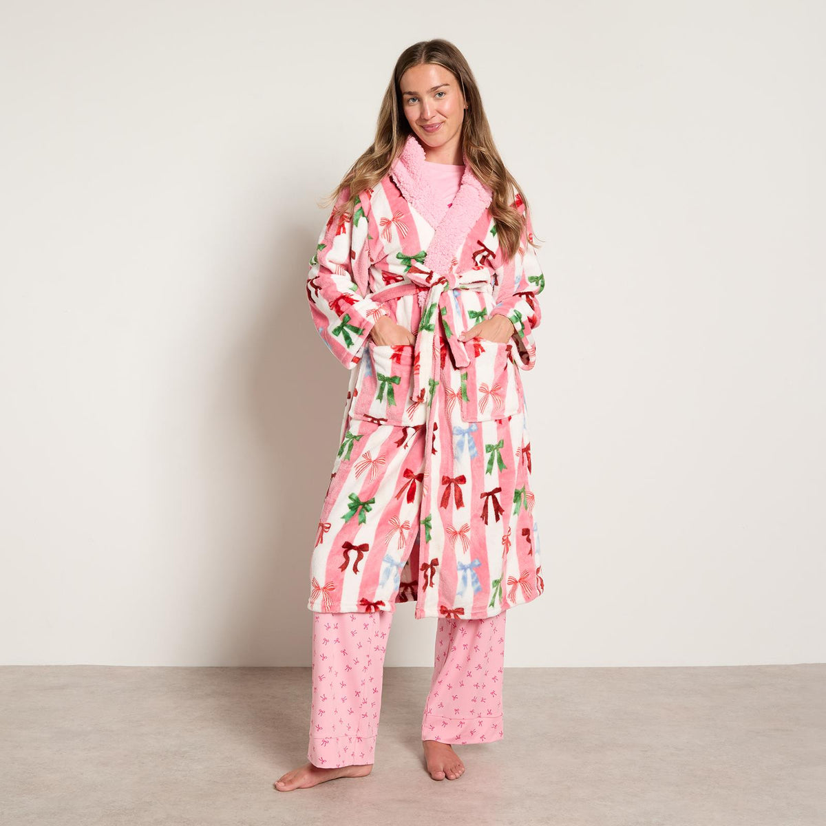 OHS Stripe Dressing Gown Flannel Fleece Robe Thermal Bathrobe Sherpa Lined