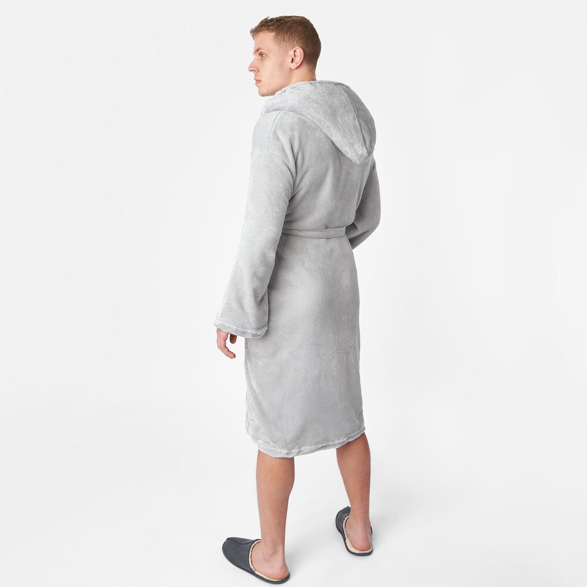 OHS Mens Dressing Gown Long Hooded Soft Flannel Fleece Sherpa Bathrobe Lounge