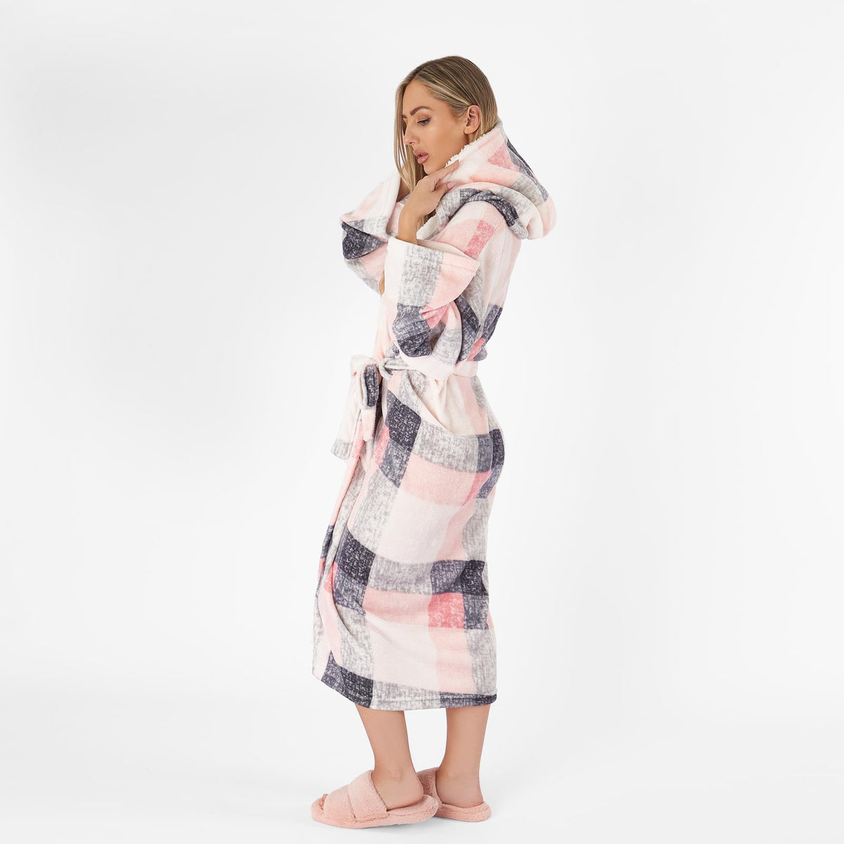 Dreamscene Check Hooded Dressing Gown Soft Flannel Fleece Unisex Sherpa Bathrobe