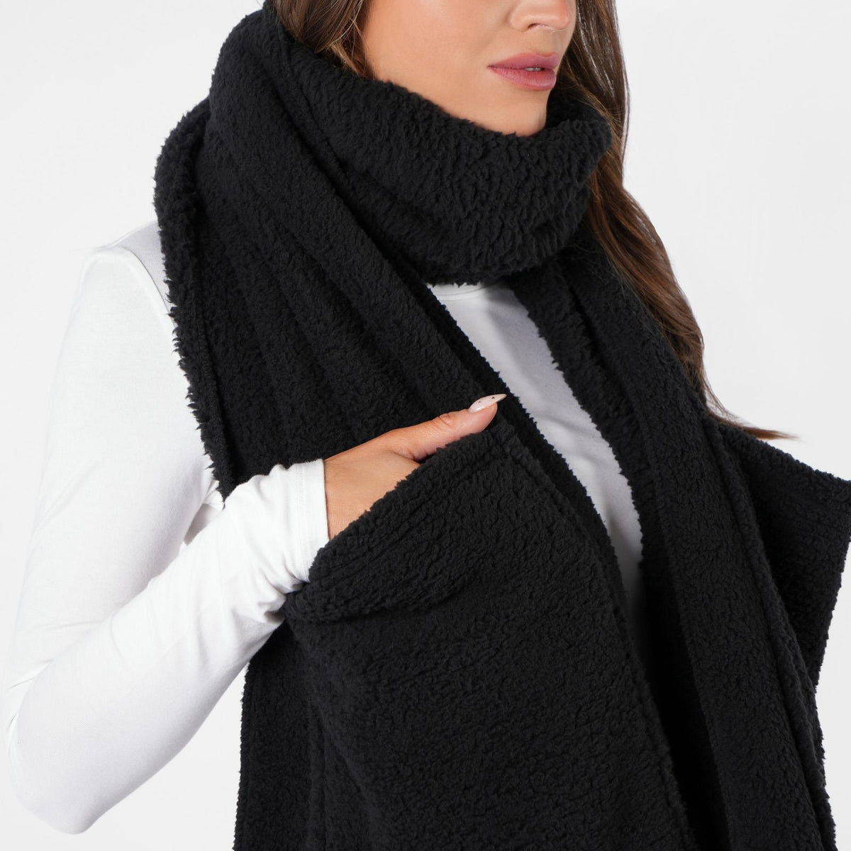 OHS Long Teddy Fleece Scarf Pocket Soft Wrap Plush Womens Shawl Neck Hand Warmer