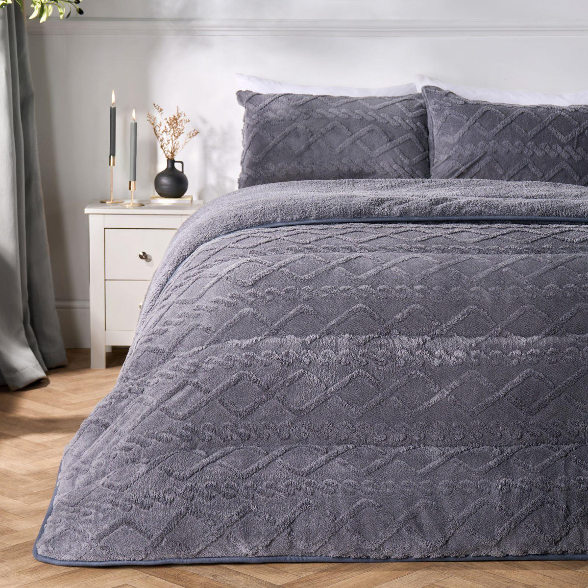 OHS Cable Knit Teddy Fleece Reversible Coverless 10.5 Tog Duvet Bedding Set