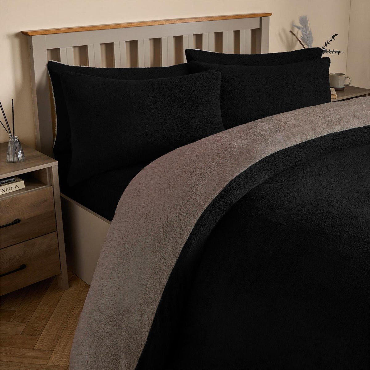 OHS Reversible Teddy Fleece Duvet Cover with Pillowcase Bedding Set Grey