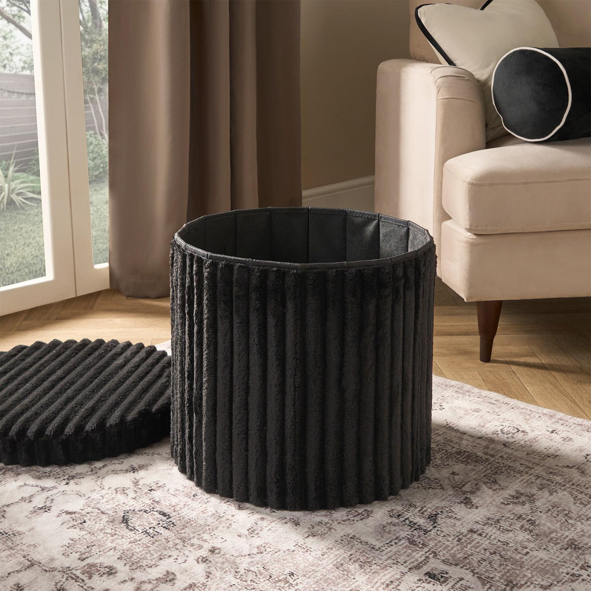 OHS Storage Box Lid Ottoman Folding Ribbed Fleece Footstool Tub Seat