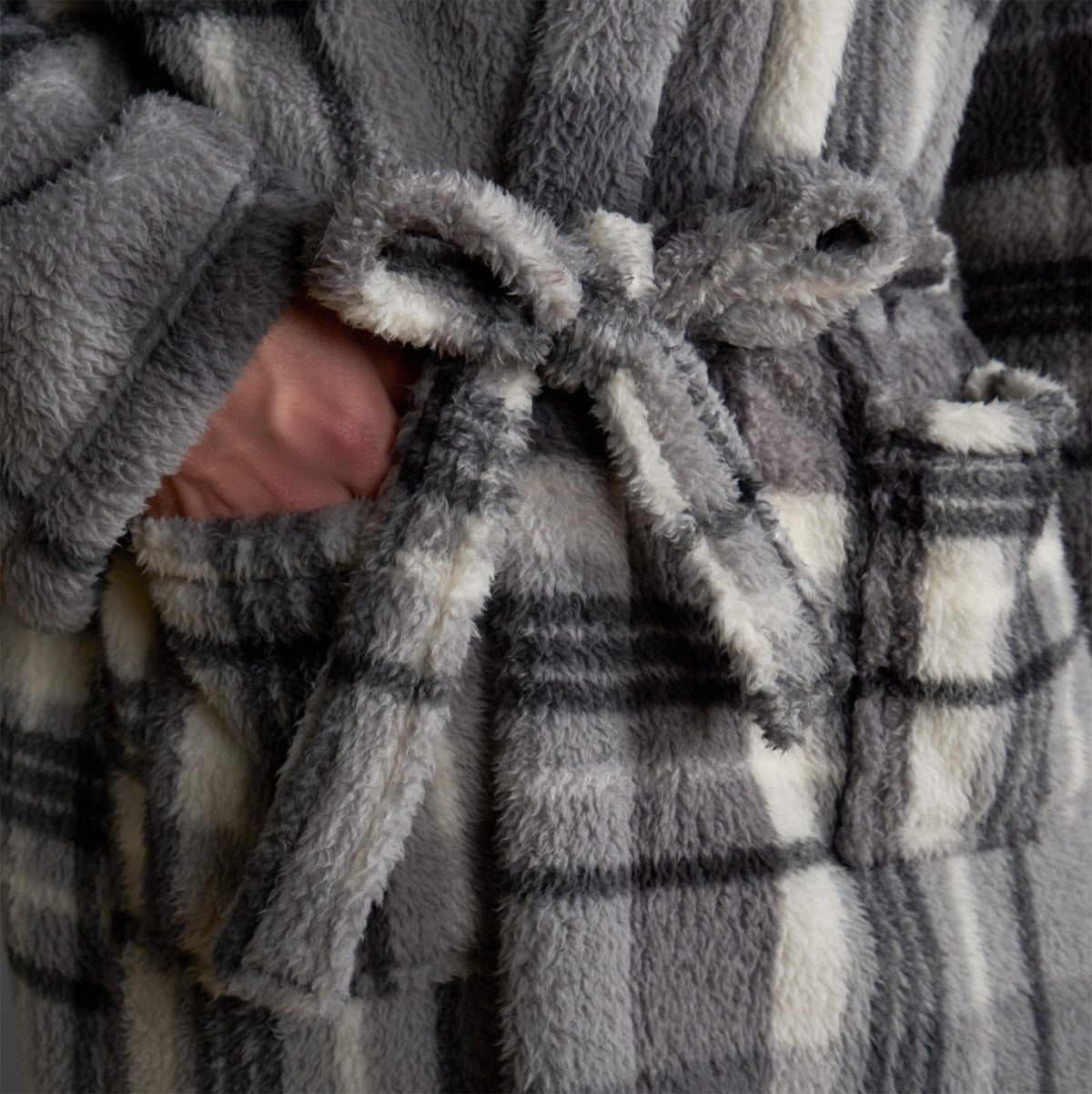 OHS Teddy Dressing Gown Tartan Check Soft Unisex Hooded Xmas Loungewear Robe