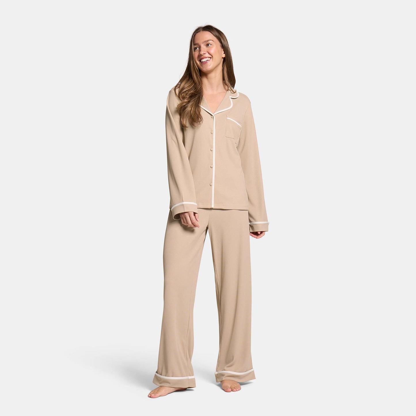 OHS Waffle Piped Pyjama Set Womens Button Through Sleepwear Nightwear Loungewear