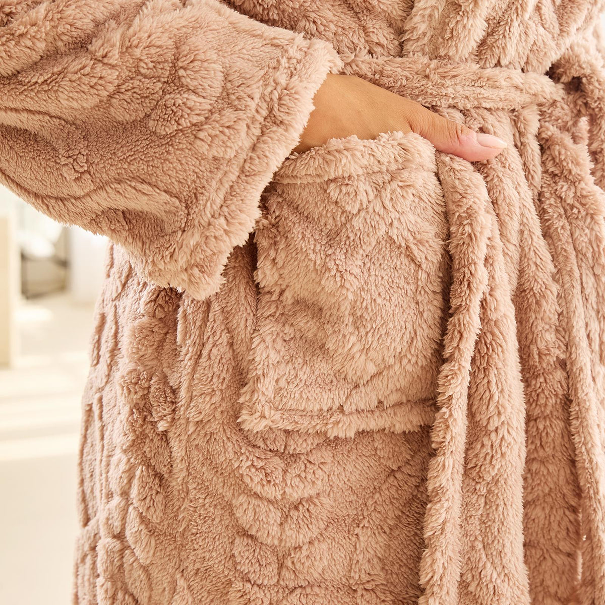OHS Cable Knit Dressing Gown Flannel Fleece Winter Loungewear Hooded Bathrobe