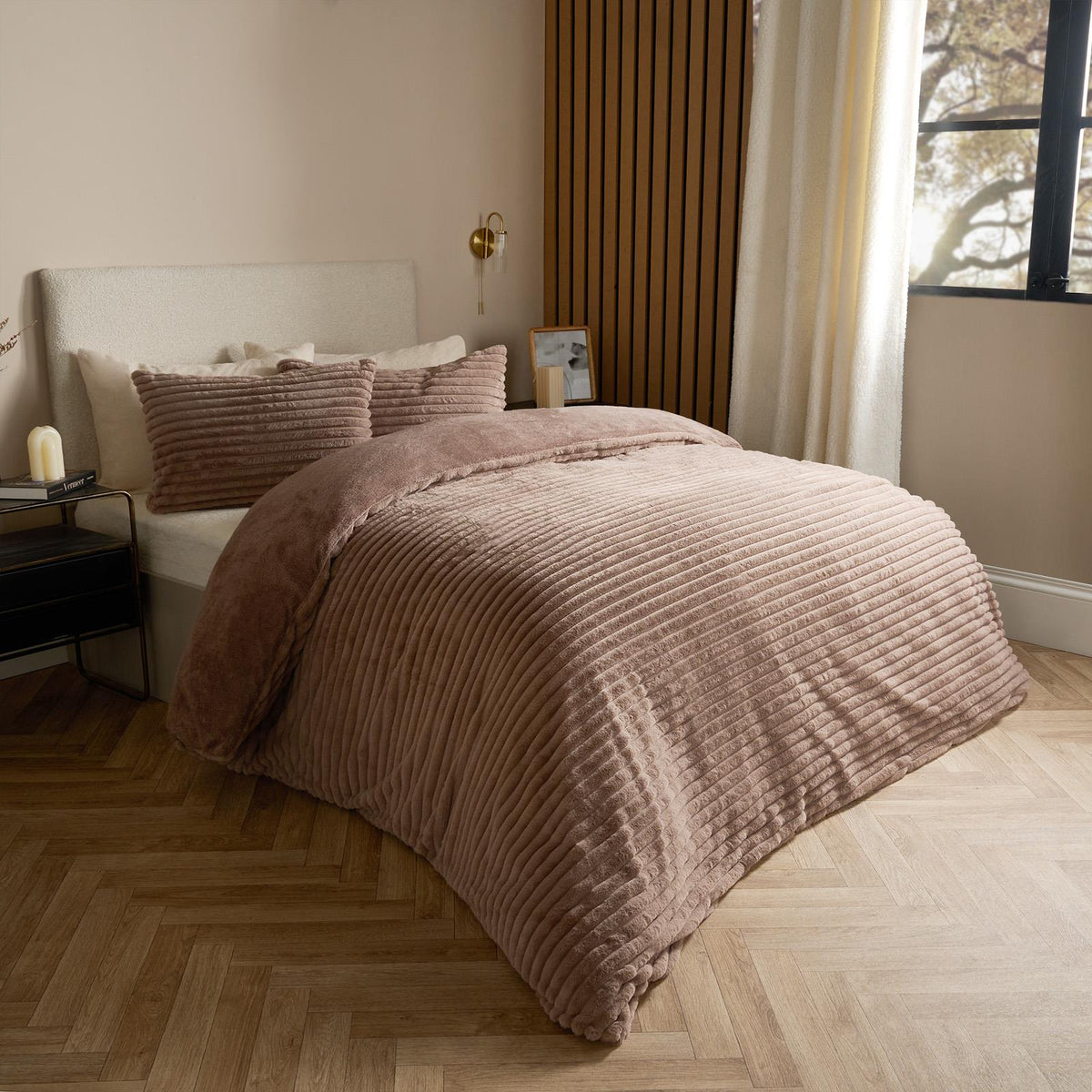 OHS Ribbed Fleece Bedding Set Soft Faux Fur Thermal Duvet Cover with Pillowcase