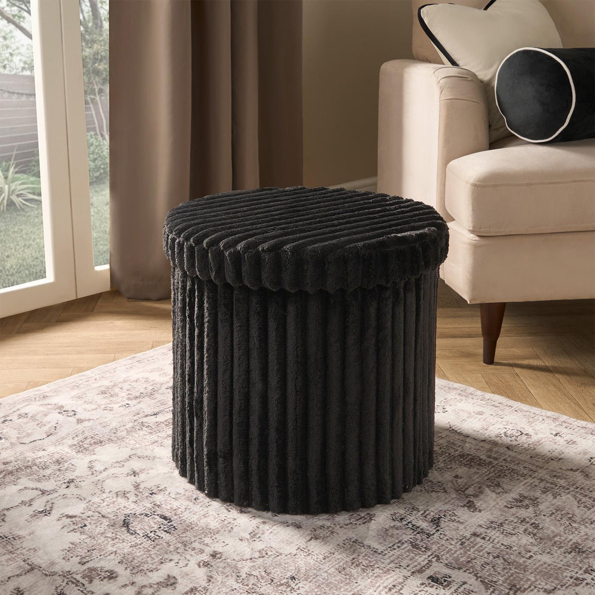 OHS Storage Box Lid Ottoman Folding Ribbed Fleece Footstool Tub Seat