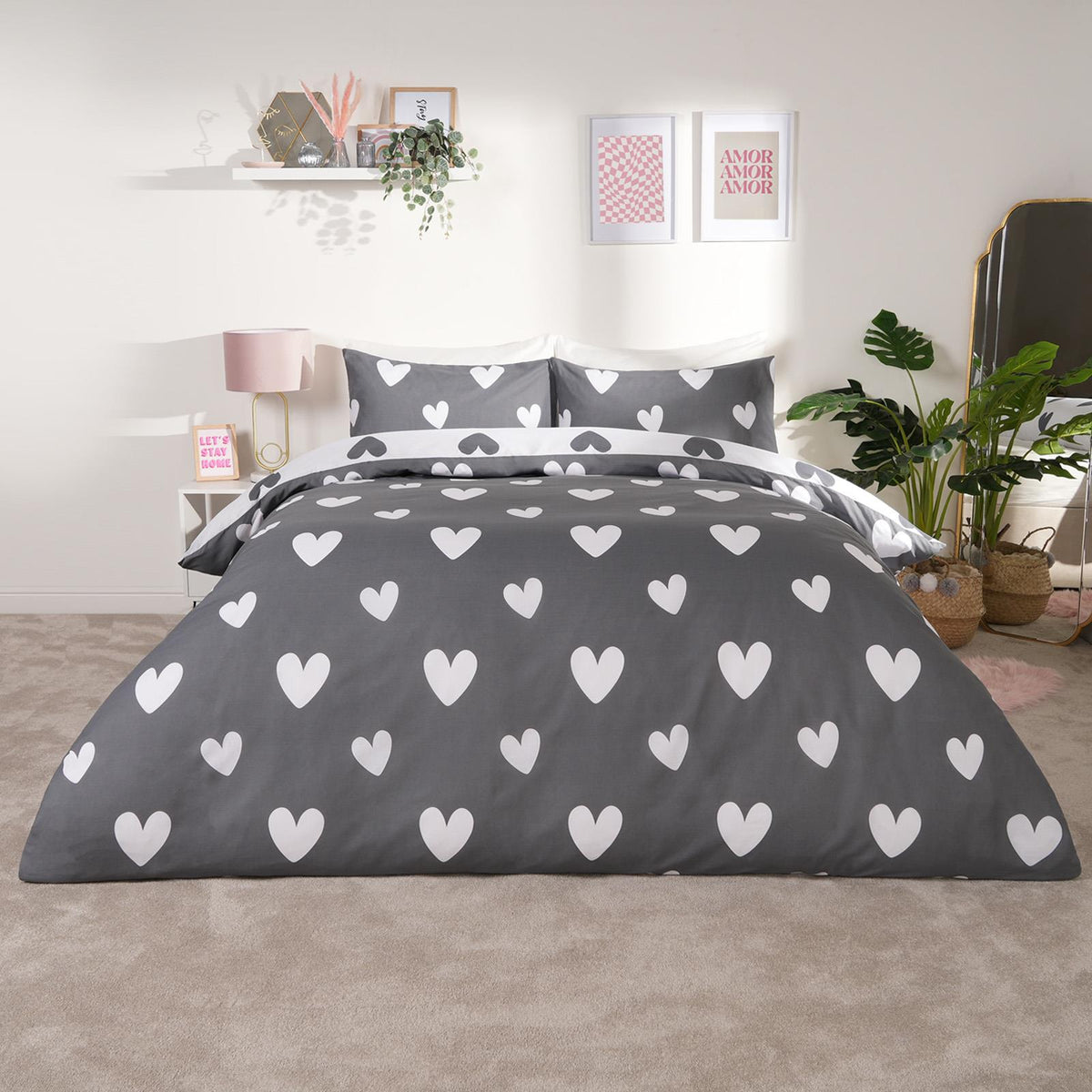 OHS Heart Print Duvet Cover with Pillowcase Quilt Reversible Bedding Set